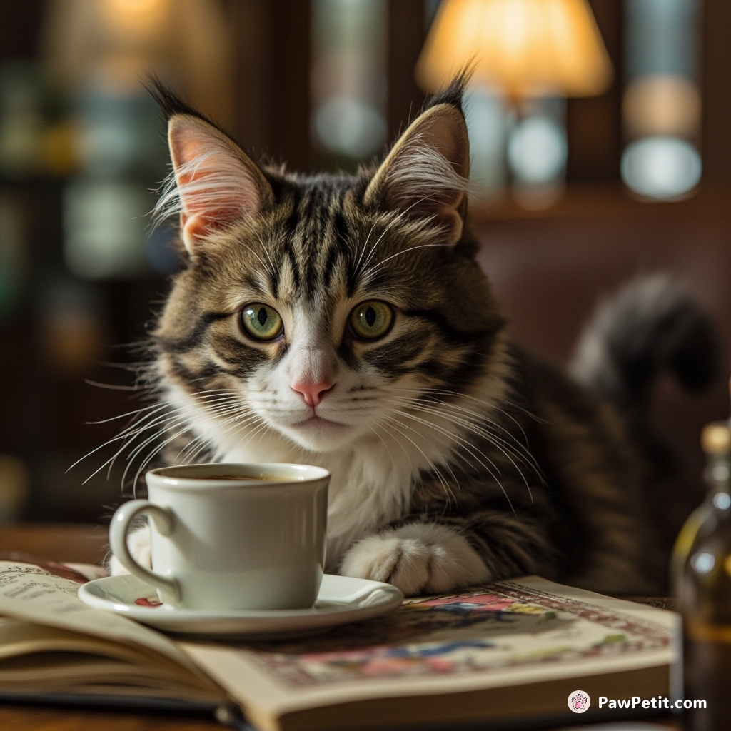 Miss Whiskers daintily sips morning coffee, flicking thoughtful tail over her daily acquisitions from the New York 'Mews'.