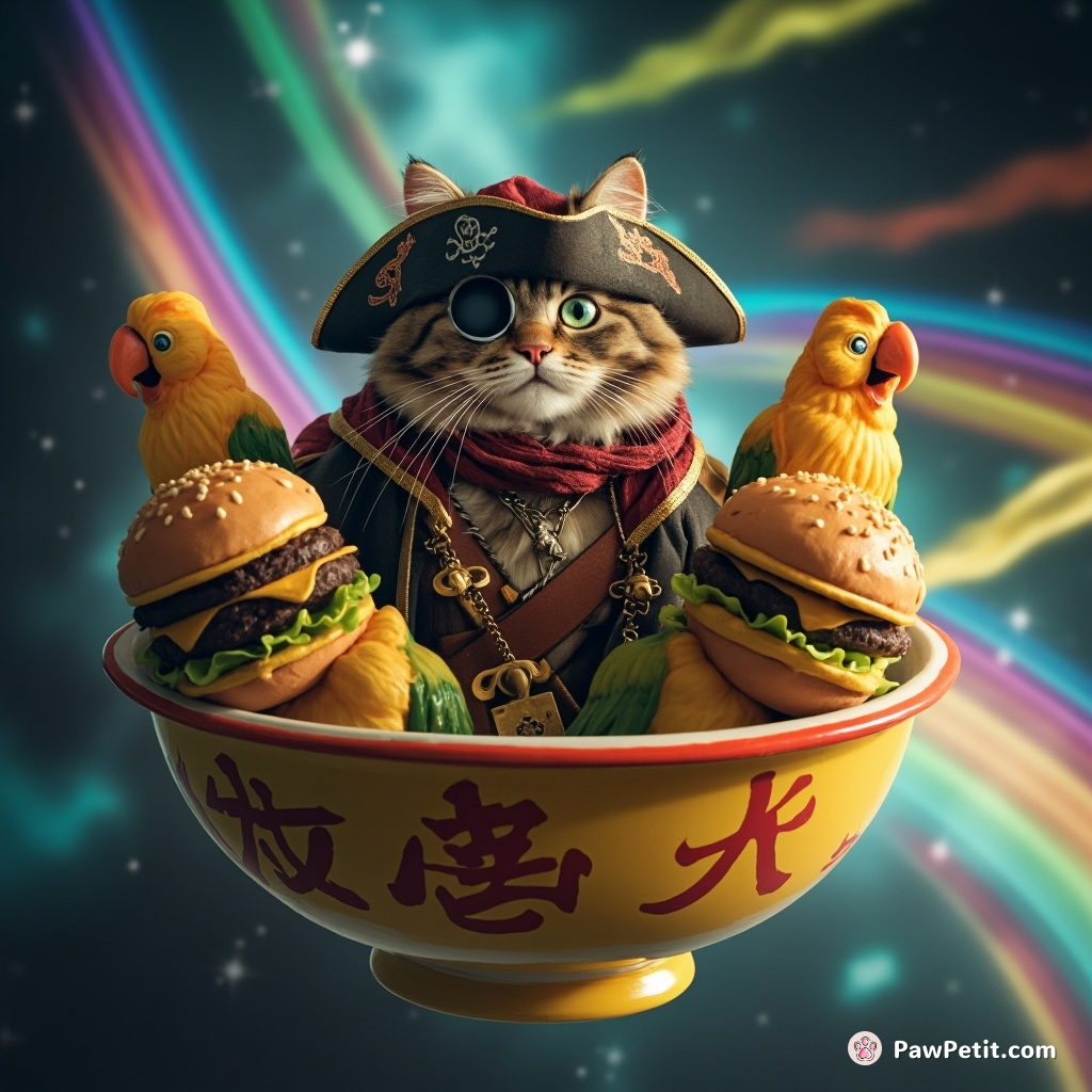 A one-eyed pirate cat commanding a crew of cheeseburger-shaped parrots on a flying soup bowl transported by rainbow vapor trails in outer space.