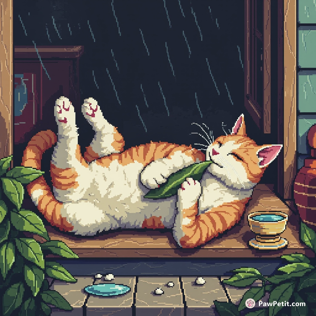Cat sprawls on porch, paws up, sipping rainwater from a leaf, savoring "outdoor tea" amidst chaos.