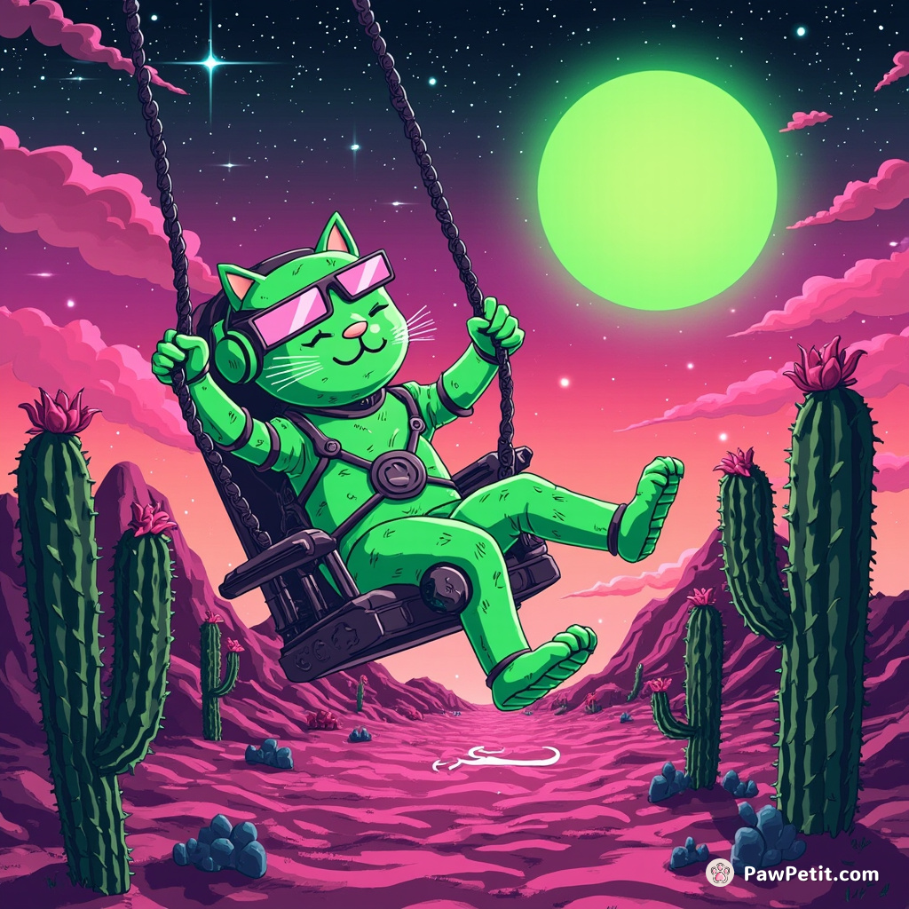 A neon green, cybernetic cat swing-dancing with sentient cacti under an opal sun in a dreamscape pixel-art desert.