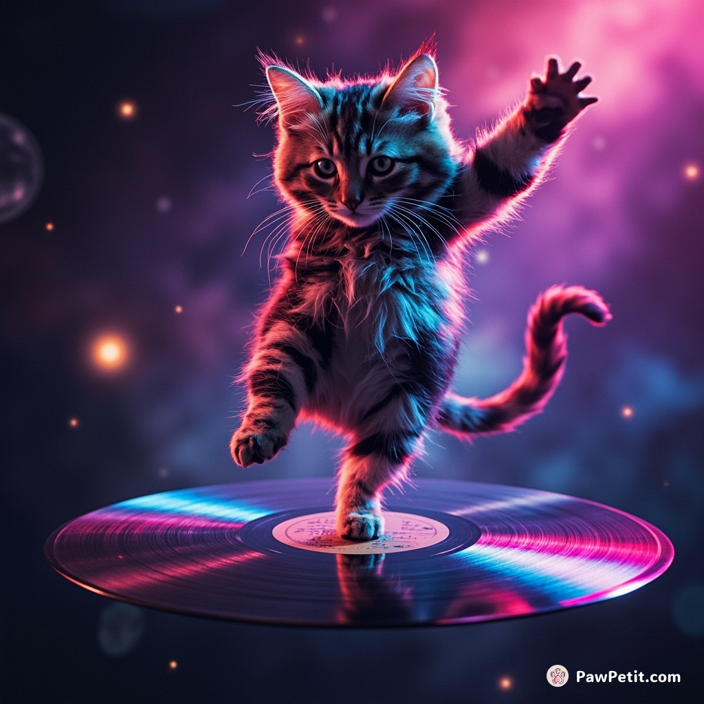 A neon-furred cat breakdancing on a vinyl record floating in space, emitting cosmic disco rays.