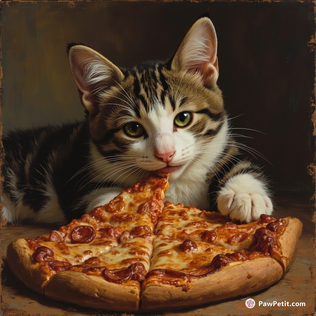 In a world where cats secretly live among us, one sneaky tabby steals a slice of pizza from a distracted human.