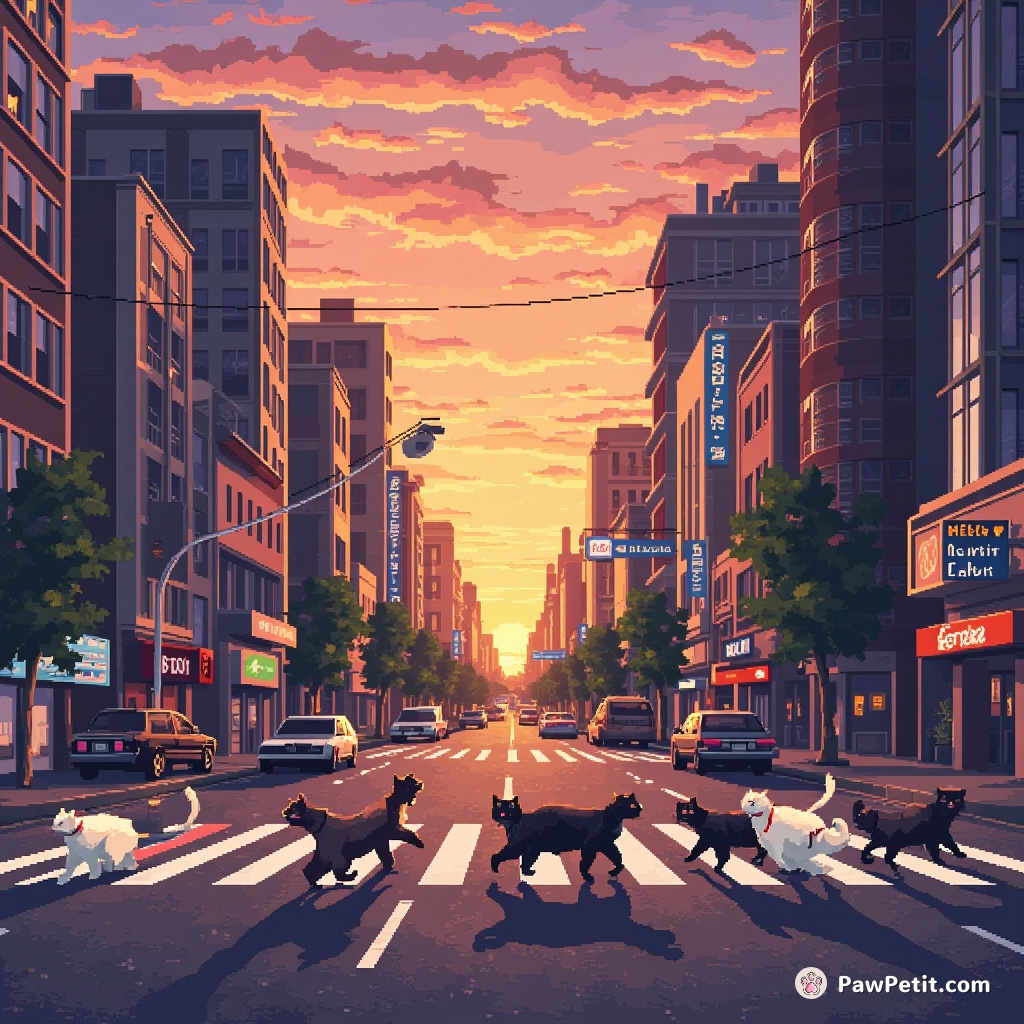 Cats march through city squares at dawn, mysteriously coordinating human traffic, utterly unnoticed.