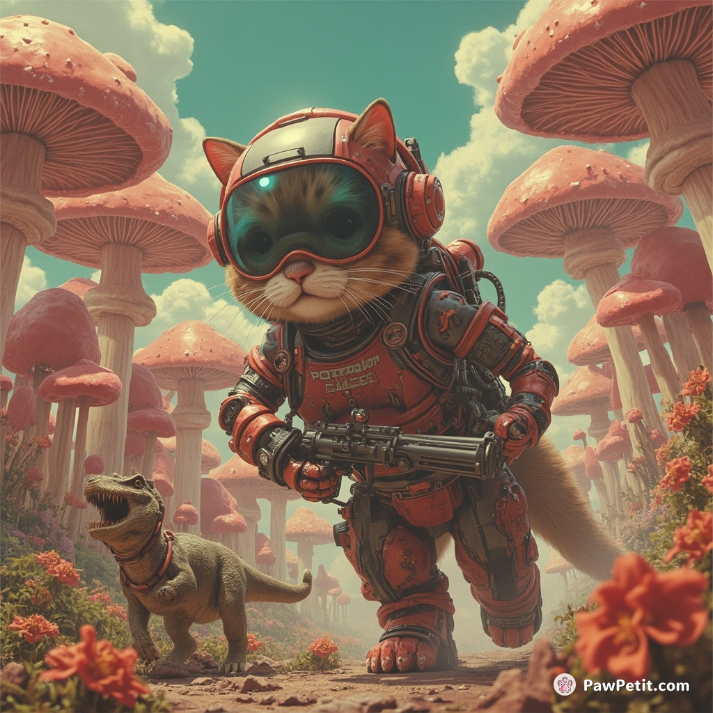 Giant cyborg cat patrolling a city of towering mushrooms with its dinosaur sidekick.