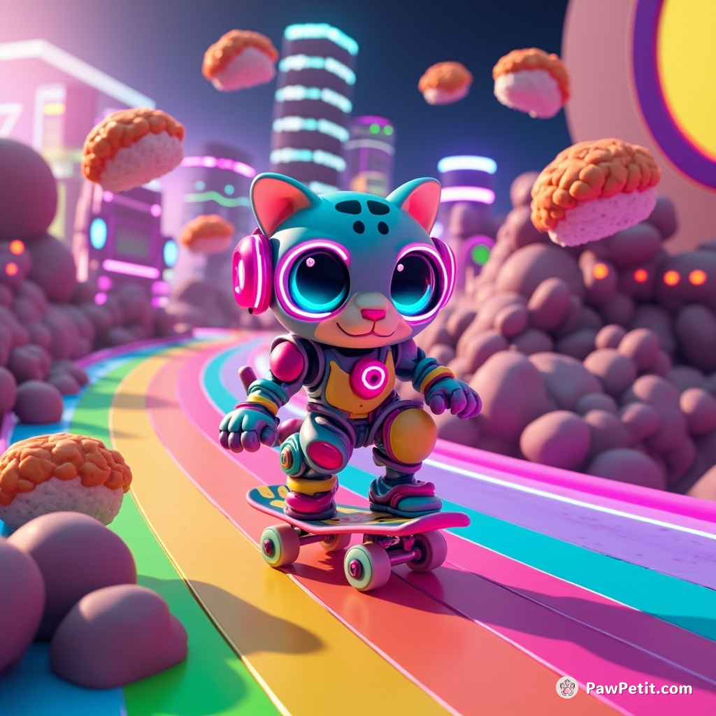 A neon cyborg panther skateboarding on a rainbow track amongst floating sushi in a retro-futuristic city.