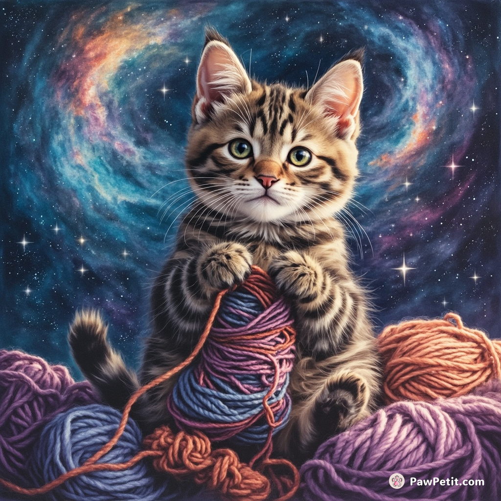 A space cat carefully knitting a nebula with colorful galaxies as string in weightlessness.
