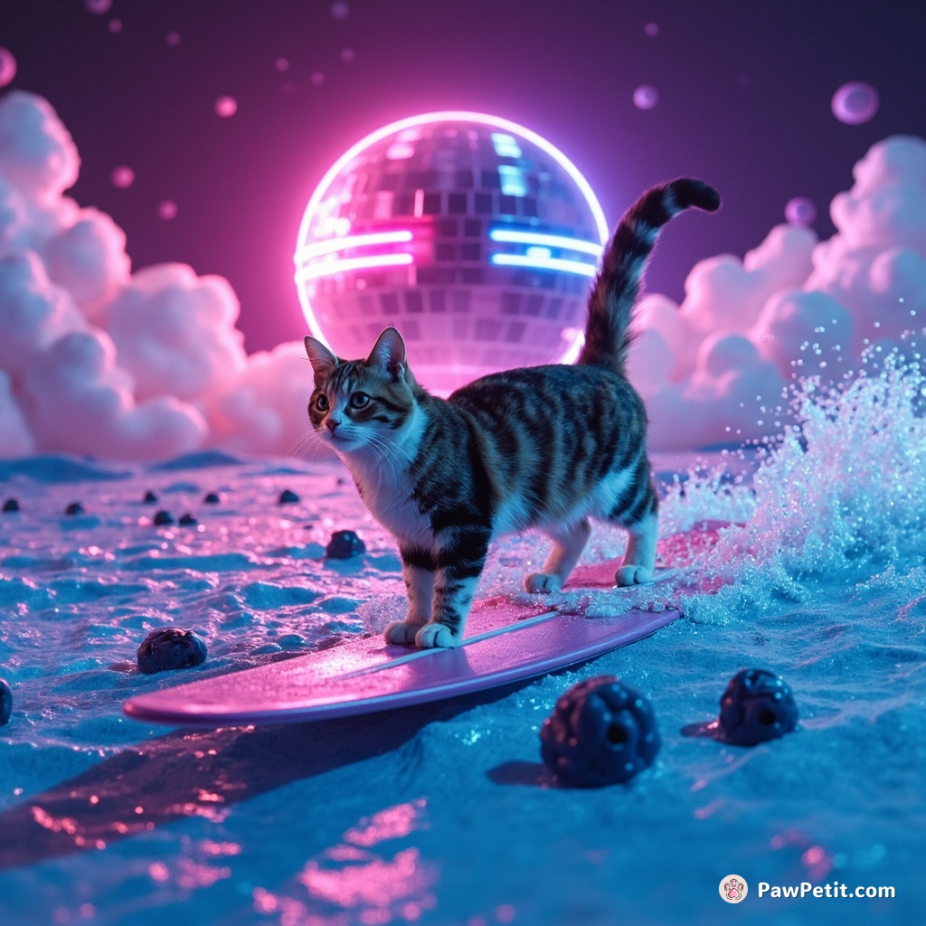 A calico cat gracefully windsurfing on a sea of blueberry yogurt under the cheerful gaze of a giant neon disco ball.
