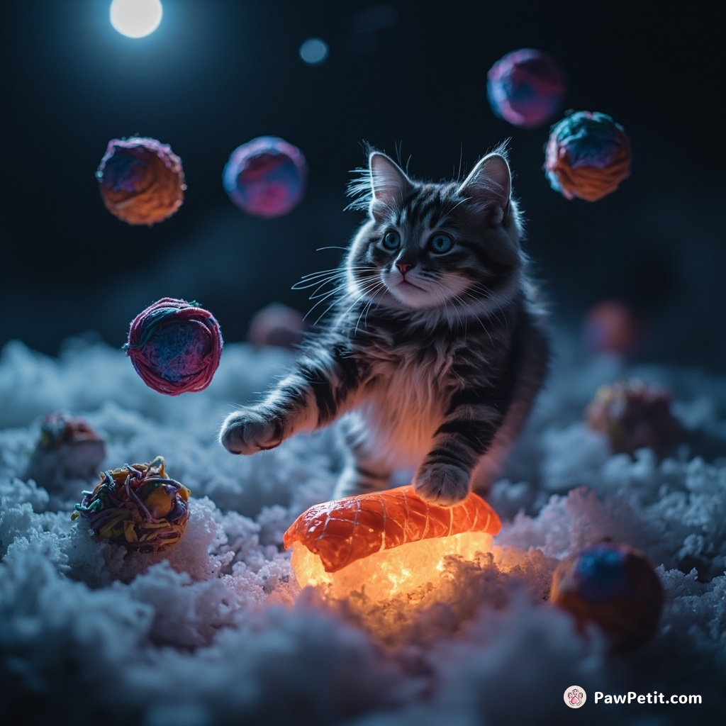A cat moonwalking on a glowing sushi roll in space while juggling galaxy-patterned yarn balls.