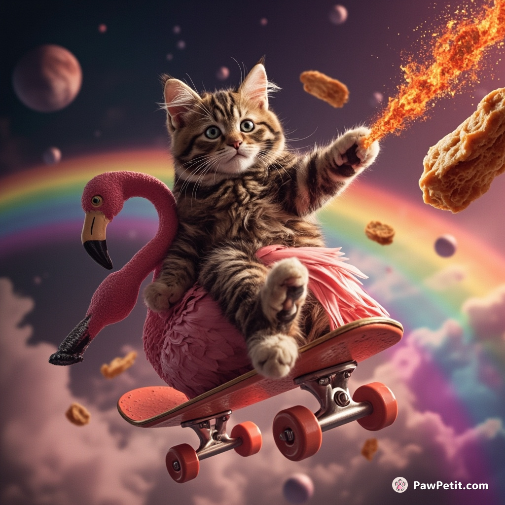 A cat riding a flamingo skateboard on a rainbow in outer space, shooting lasagna from its paws.