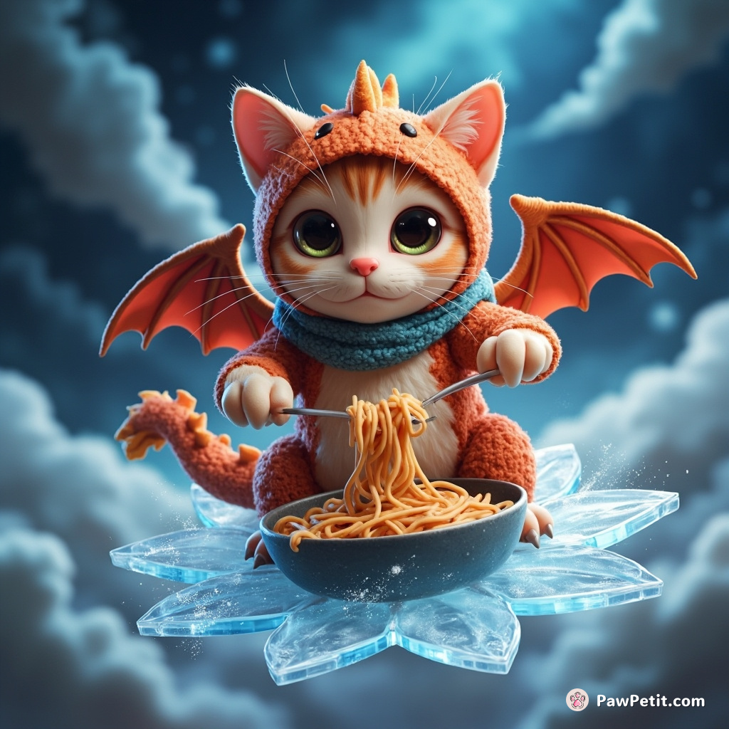 A cat, dressed as a dragon, brazenly cooking spaghetti on a crystal snowflake in the midst of an upside-down space storm.