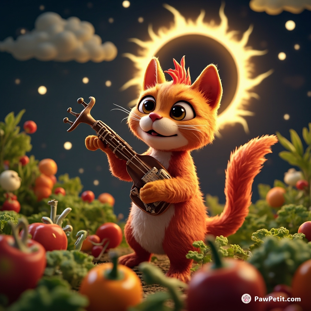 A cardinal cat conducting an orchestra of garden vegetables during a lunar eclipse.
