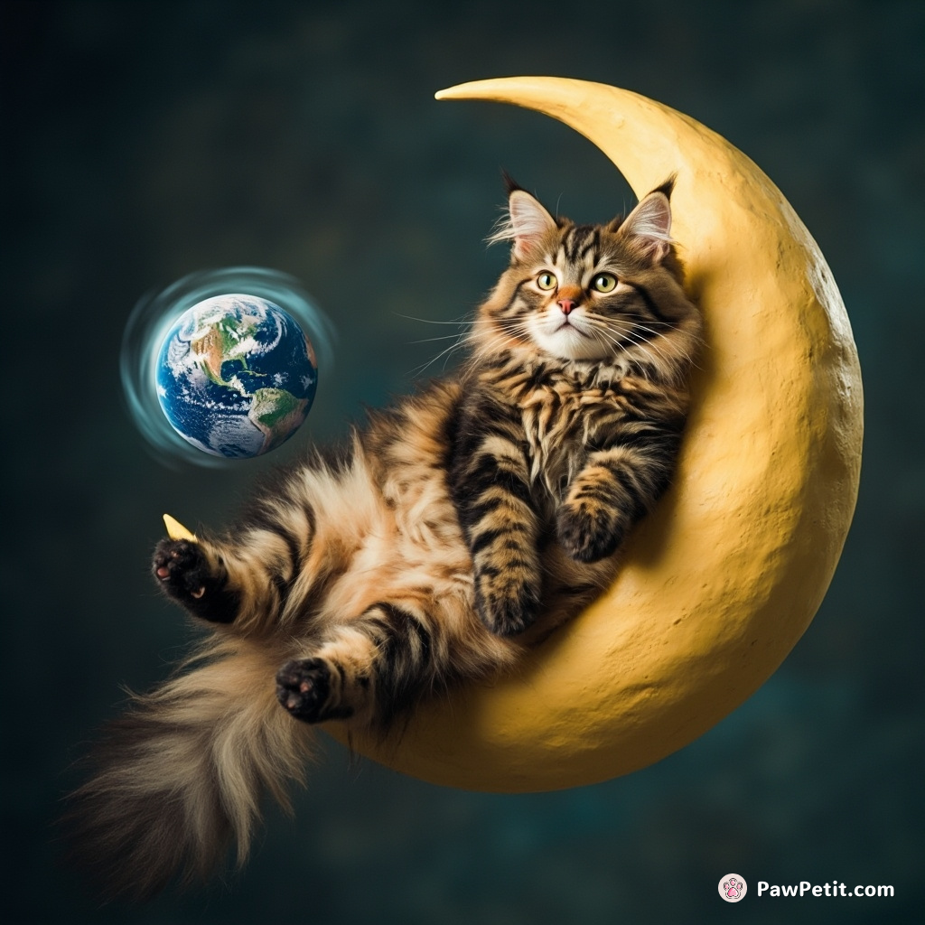 Gigantic cat swinging from a crescent moon with earth as his toy ball.
