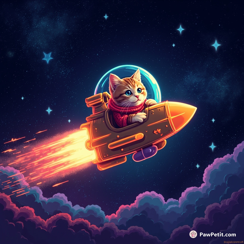 A neon tabby cat piloting a flying buttered toast spaceship in a glittering star-shaped galaxy.