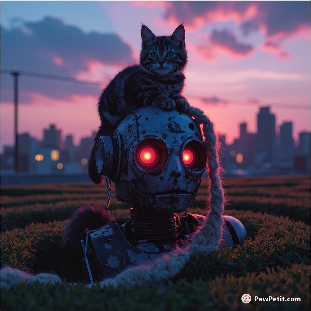 Cat perched atop a corroded robot head unspooling wool in the middle of a neon turf labyrinth at twilight.
