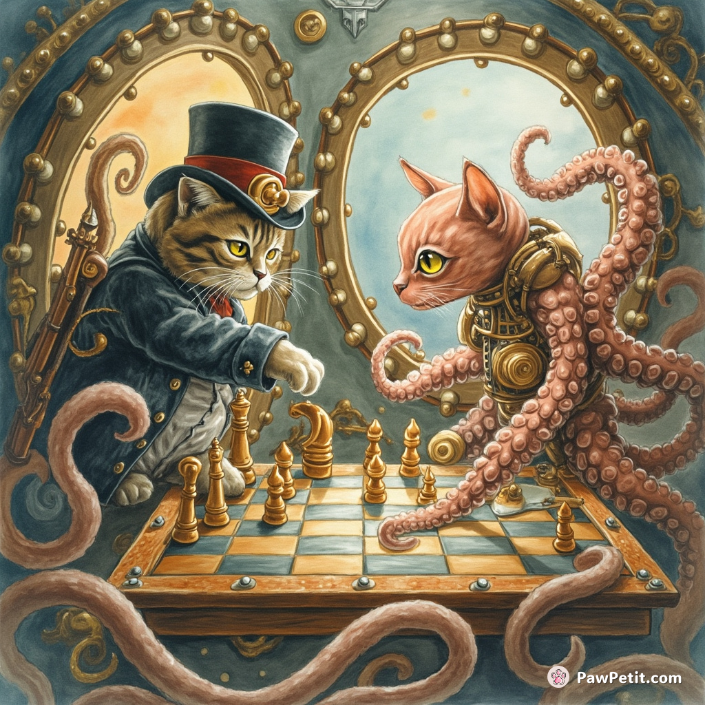 Steampunk cat playing 4-dimensional chess with a robot octopus inside a Victorian submarine.