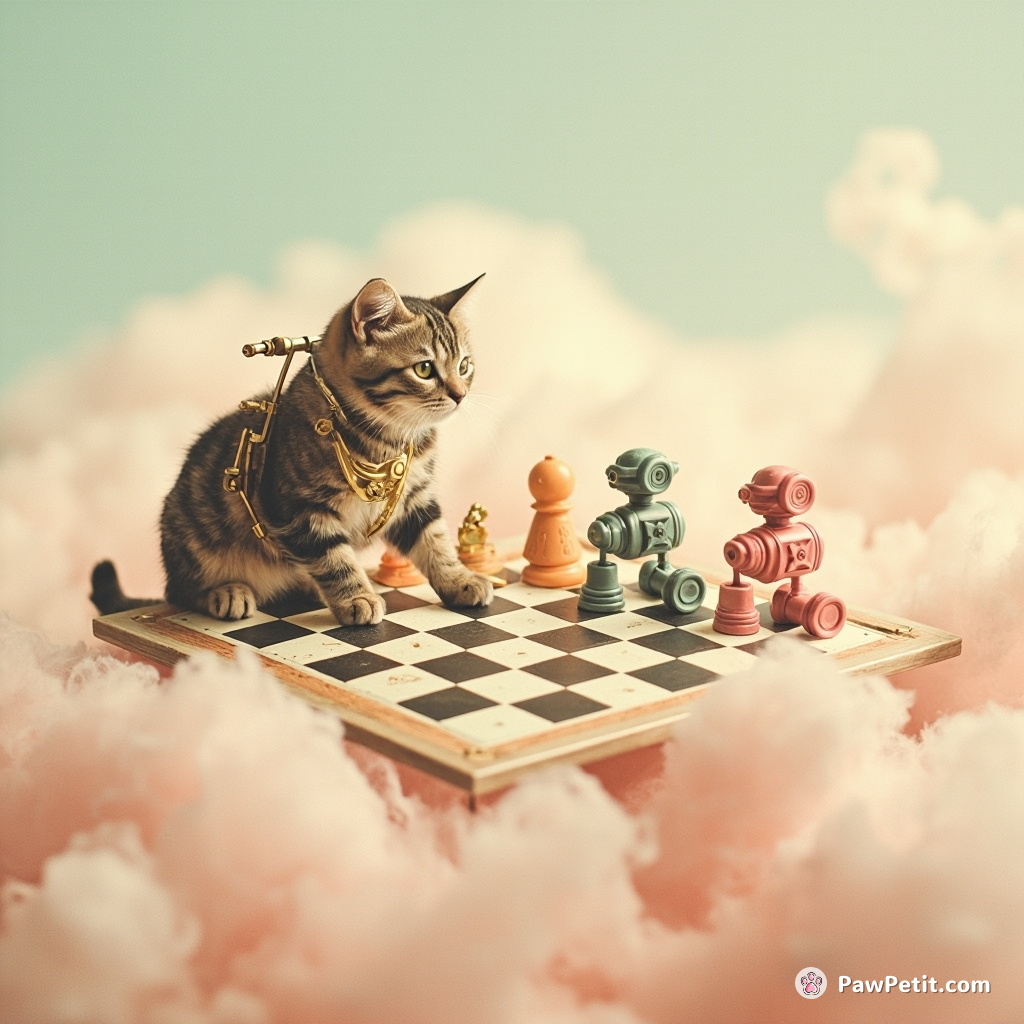 A steampunk cat playing chess with tiny, neon colored robots on an ivory and topaz game board floating in a candyfloss cloud.
