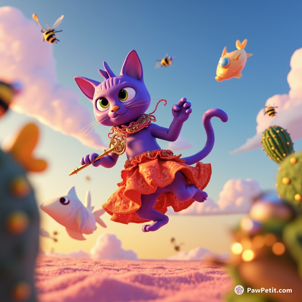 A purple cat unzipping the horizon with a golden key while dancing salsa on a tiptoe, among levitating fish taxies and singing cacti bustling with space bees.