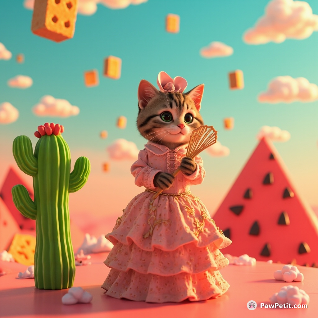 A tabby cat wearing a Victorian era gown, gracefully fanning itself beside a neon cactus in the middle of a watermelon ocean under a sky full of flying toasters.