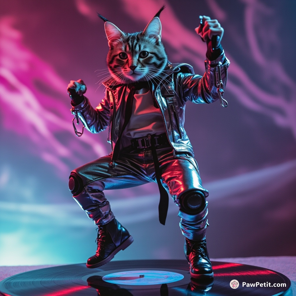 Cybernetic cat breakdancing on a vinyl record in zero gravity.
