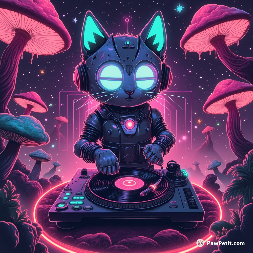 A cybernetic cat DJ spinning vinyl on a mushroom-shaped turntable in an extraterrestrial rave club.