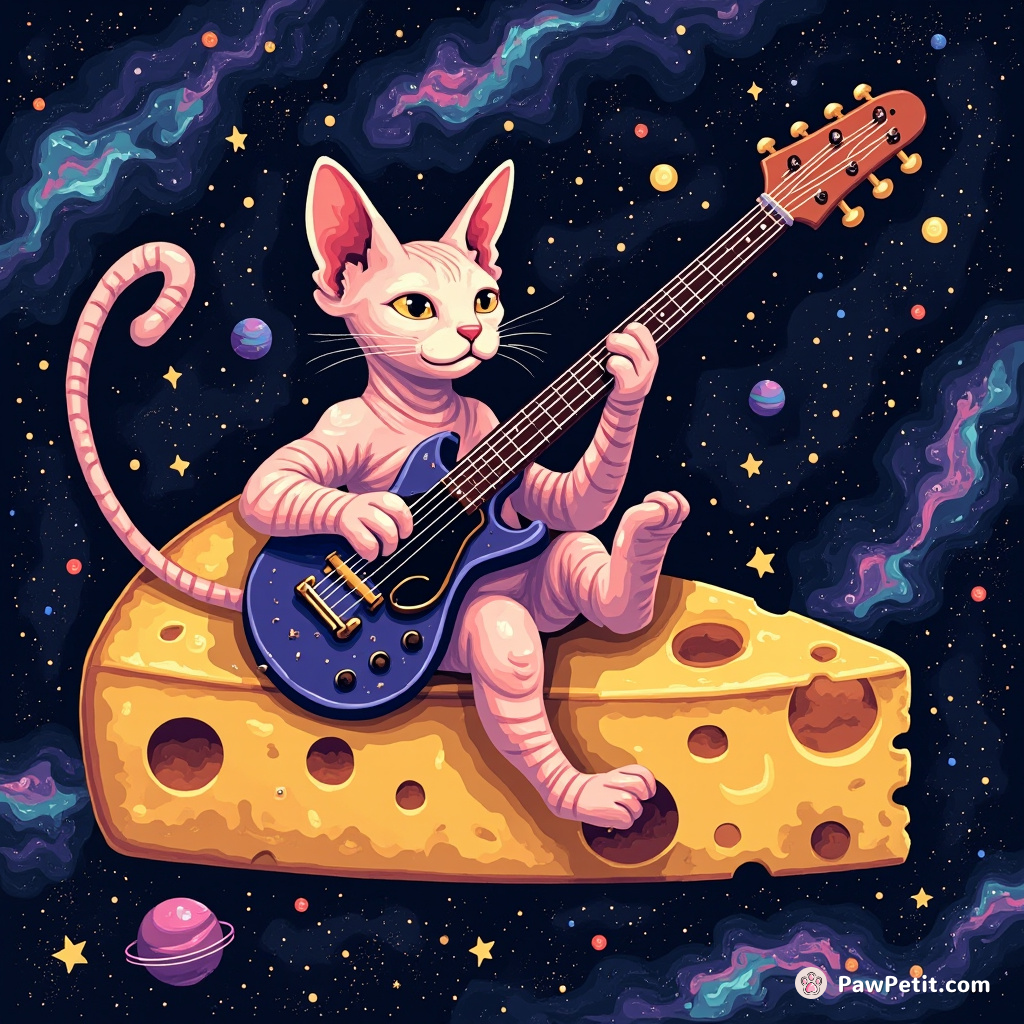 A sphynx cat playing a cosmic guitar, using the constellation Orion as strings, on an oversized floating cheese slice amidst swirling nebulae.