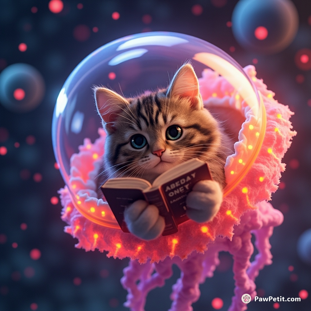 A chubby tabby cat reading a joke book in zero gravity inside a vividly glowing jellyfish-like spaceship.