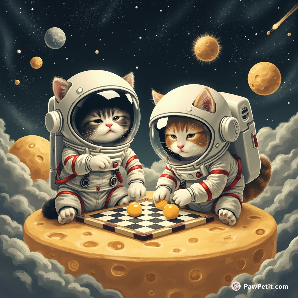 Cats in astronaut suits playing a cosmic game of checkers on floating cheese moons, with ashy grey comets hurtling by.