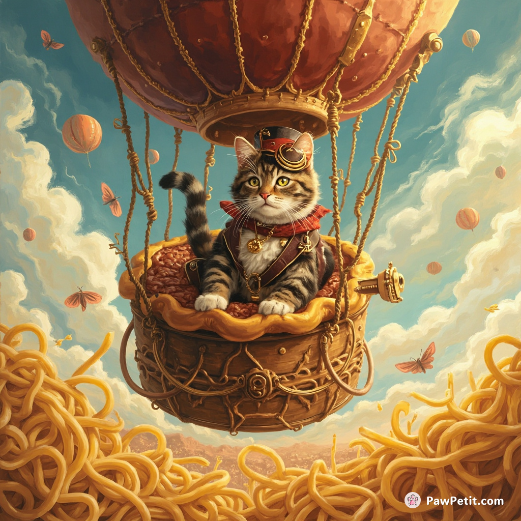 Steampunk cat piloting a pecan pie hot-air balloon over a field of spaghetti noodles.