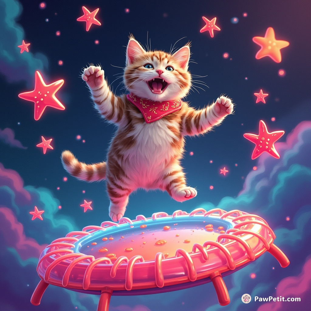 Cat joyously bouncing on a jello trampoline in zero gravity, surrounded by neon-hued starfish.