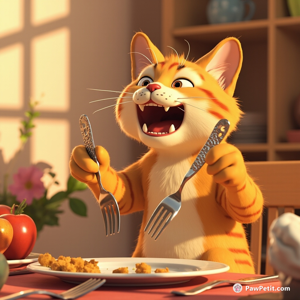 The cat attempts to eat dinner, hilariously using a fork between its claws, thinking this is human norm.