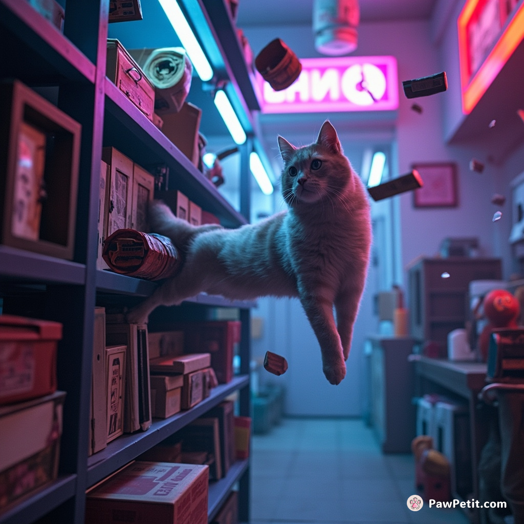 Cat frantically darts, leaps onto shelves, toppling items, narrowly escaping chaos.