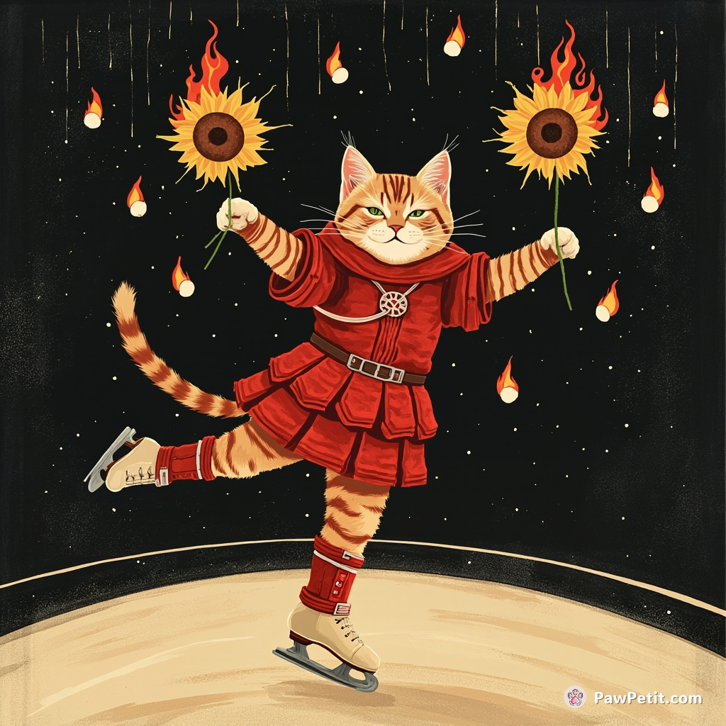 A cardinal velvet armored cat gracefully ice-skating on the rings of Saturn while juggling flaming sunflowers under a rainfall of miniature marshmallows.