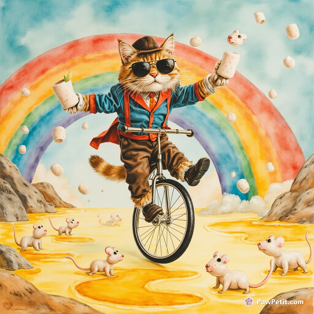A gangster cat riding a unicycle on a rainbow while juggling mice-shaped marshmallows over a lake of molten cheese.