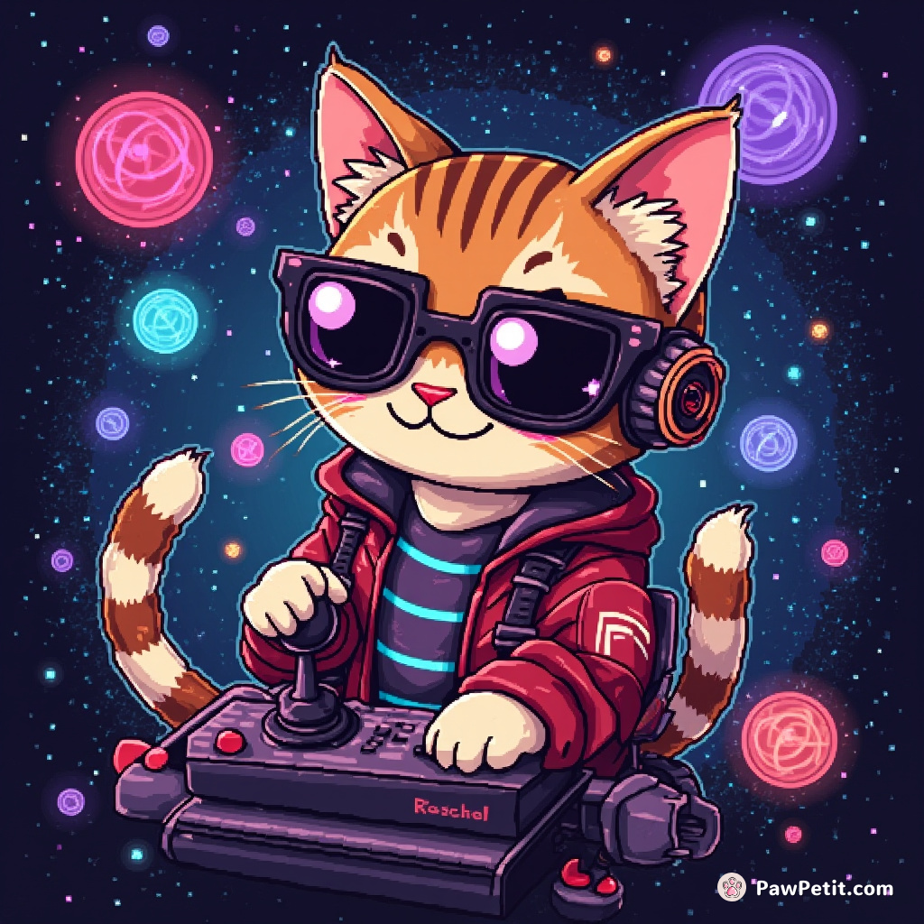 One-eyed feline, adroitly manipulates the Nebula Superdrive, navigating unknown galaxies with deft paw movements on the QuantumJoystick.