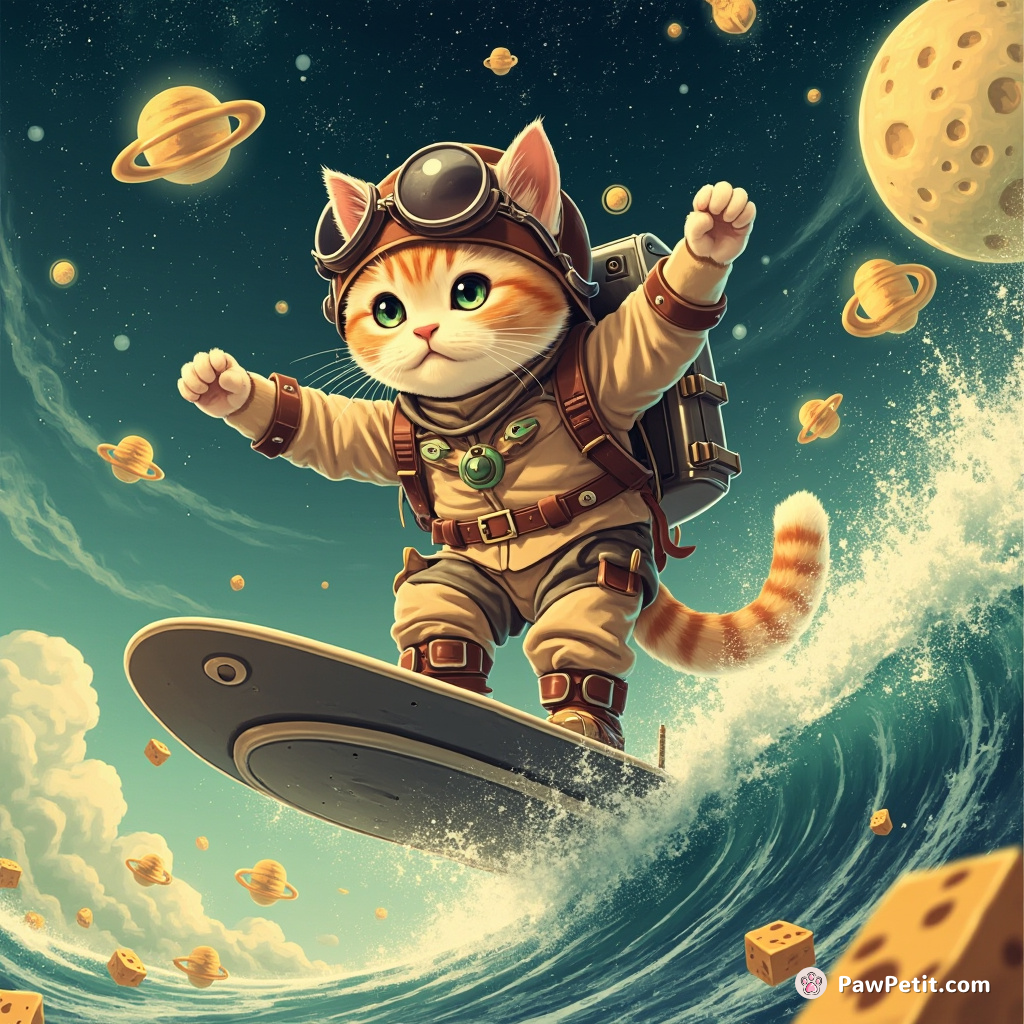 Steampunk explorer cat surfing a wave of flying saucers over a lunar cheese colony.