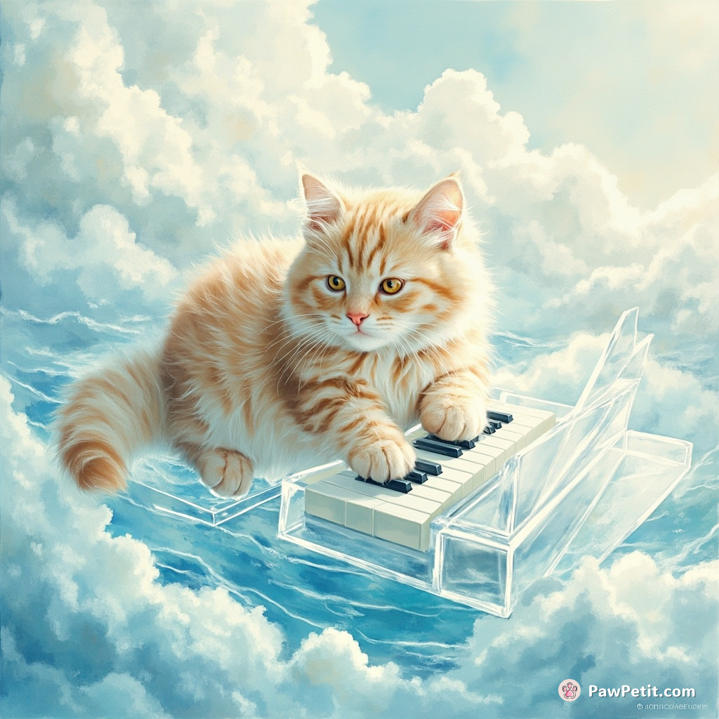 A cat composing symphonies with furry paws on a crystal piano floating over a steaming marshmallow sea.