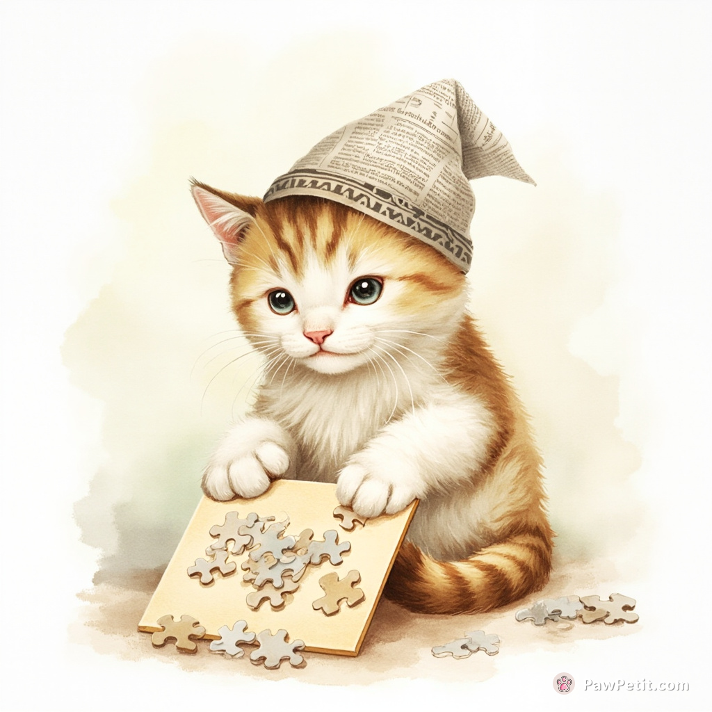 The cat solemnly sits up, donning a tiny newspaper hat, furiously scratching at puzzle pieces on its makeshift board.