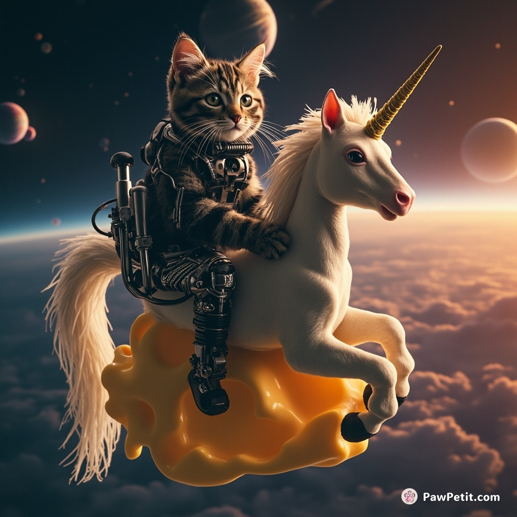 Cybernetic cat repairing its own steampunk tail while sitting astride a skinny, neon unicorn on a floating piece of camembert cheese in outer space.
