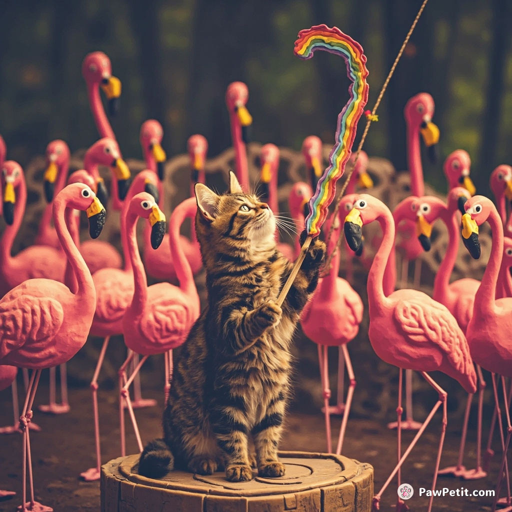 Cat conducting an orchestra of flamingos using a rainbow as a baton.