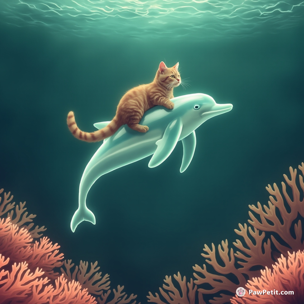Cat riding a translucent dolphin through a neon coral reef under the coffee-colored ocean.