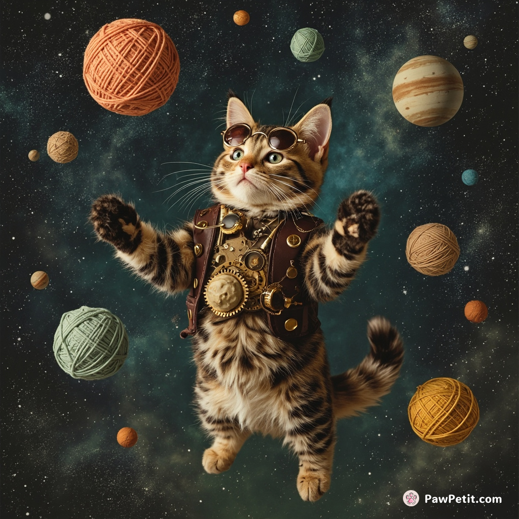 A levitating steampunk cat juggling planets in a galaxy made of yarn.