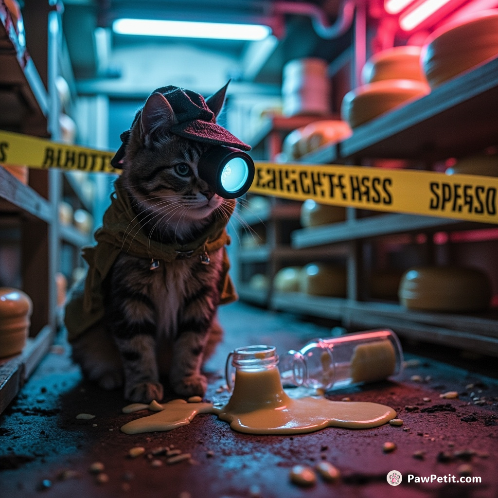 Cat-sized Sherlock Holmes cat investigating a crime scene involving a spilled bottle of milk in a cheese house.