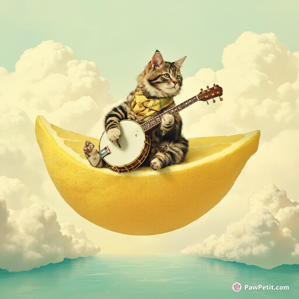 Steampunk cat playing the banjo on a majestic lemon wedge floating along a pastel cloud river.