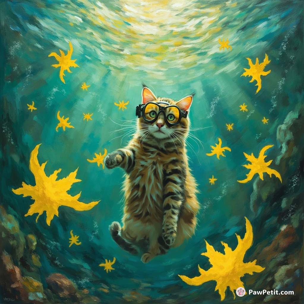 A cat scuba diving in a vitamin C infused lemon sea, encountering luminescent star-shaped fishes.