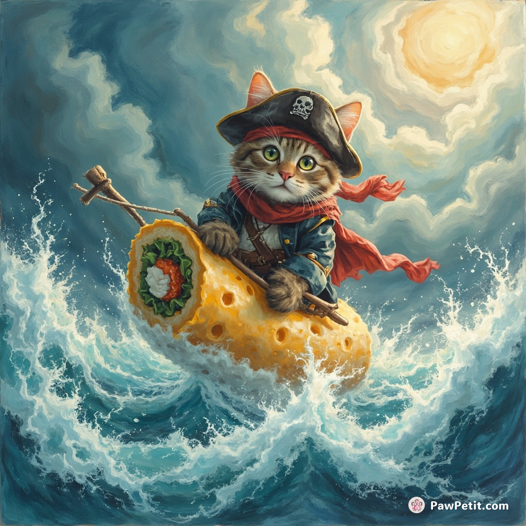A one-eyed grizzled cat pirate navigating a raging cheese ocean on a floating sushi roll during a cotton candy storm.