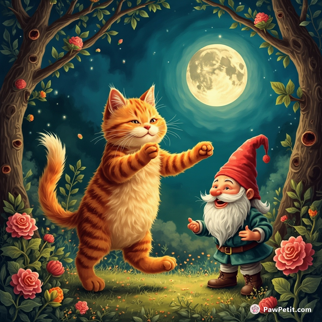 A mandarin orange tabby cat dancing salsa with a garden gnome under a waxing moon in Cupcake Forest.