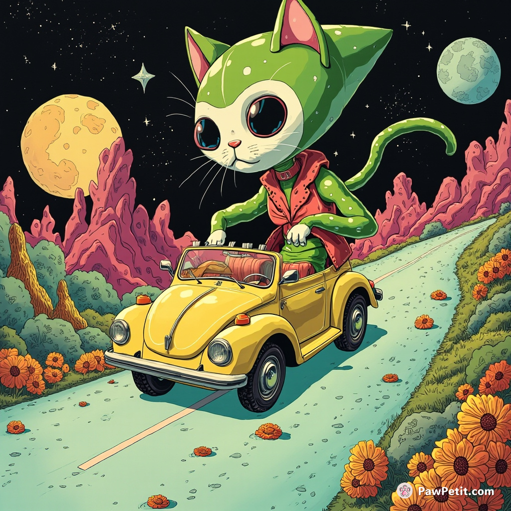 Alien cat hitchhiking across a moon cheese highway in '60s psychedelic fashion.