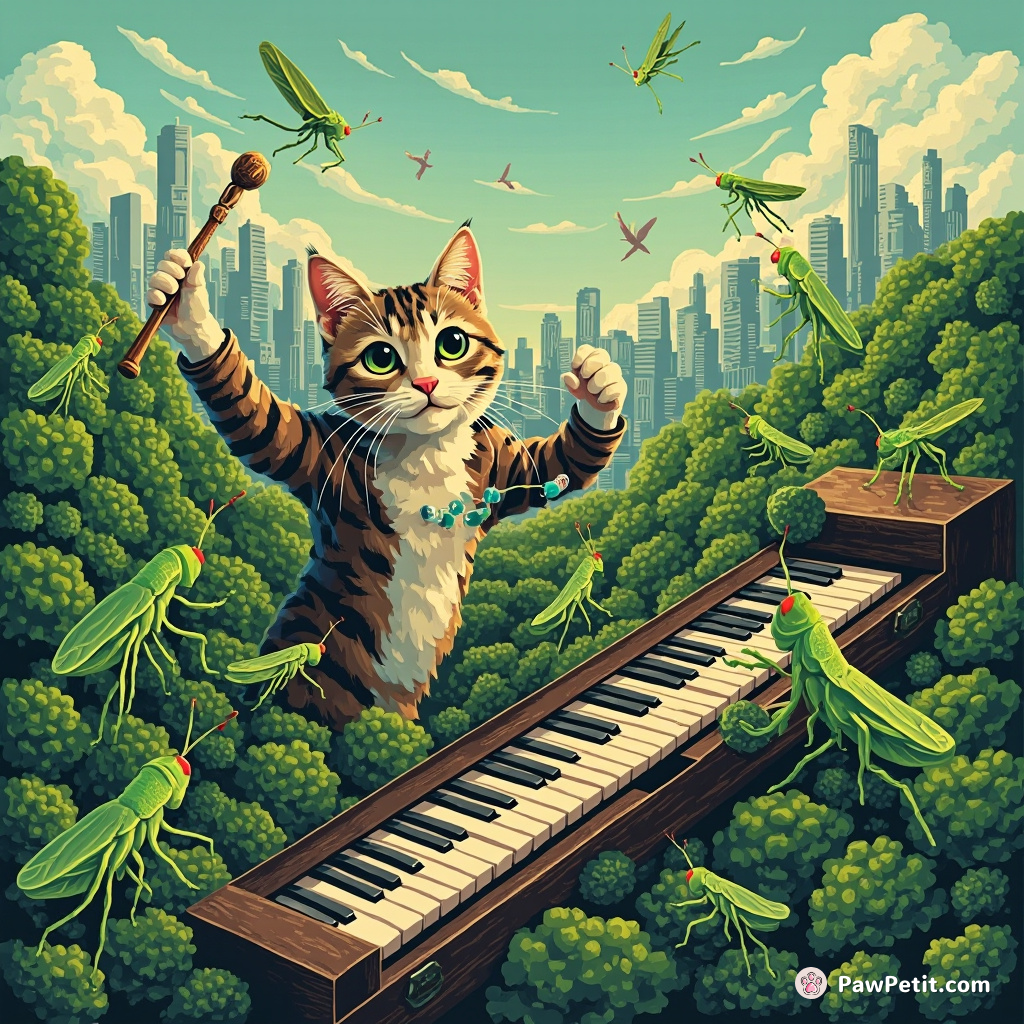Cat conducting a symphony orchestra of grasshoppers in a city made of broccoli.