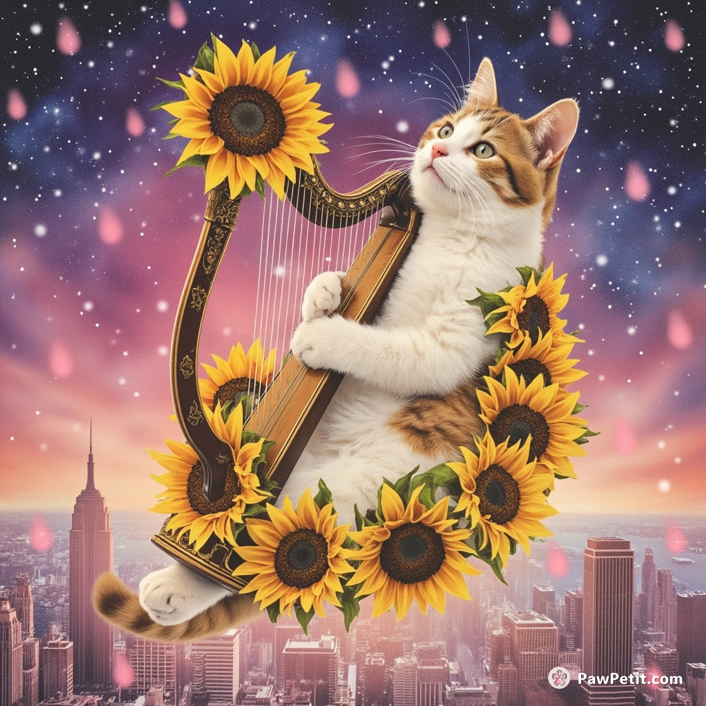 A cat playing a mystical harp with sunflower petals, floating over an upside-down city skyline in outer space during a snowfall of hot pink raindrops.