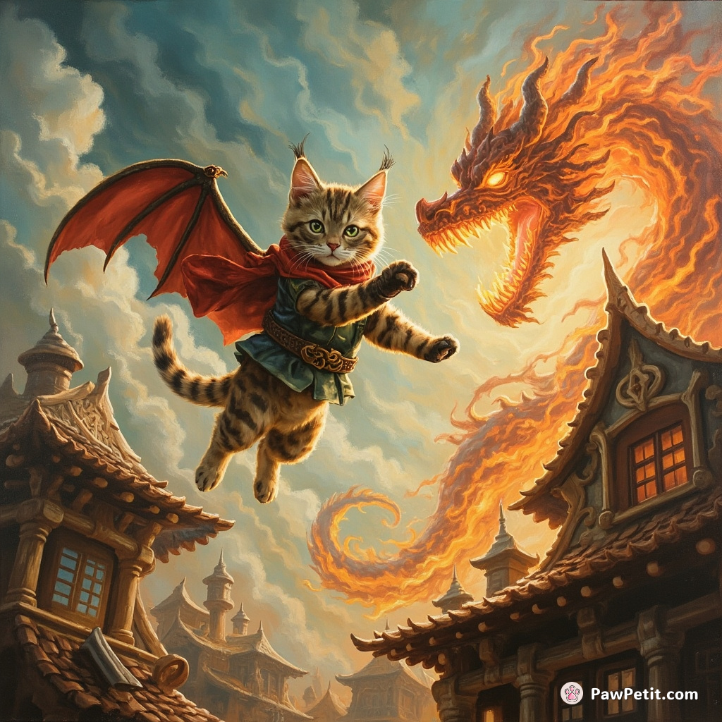 In a magical realm, Paws - a nimble feline, gracefully leaped across rooftops to defeat a fire-breathing dragon.
